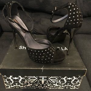 Black peep toe heels with ankle strap and studs sz 8